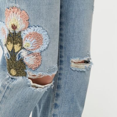 Petite light wash embroidered cigarette jeans